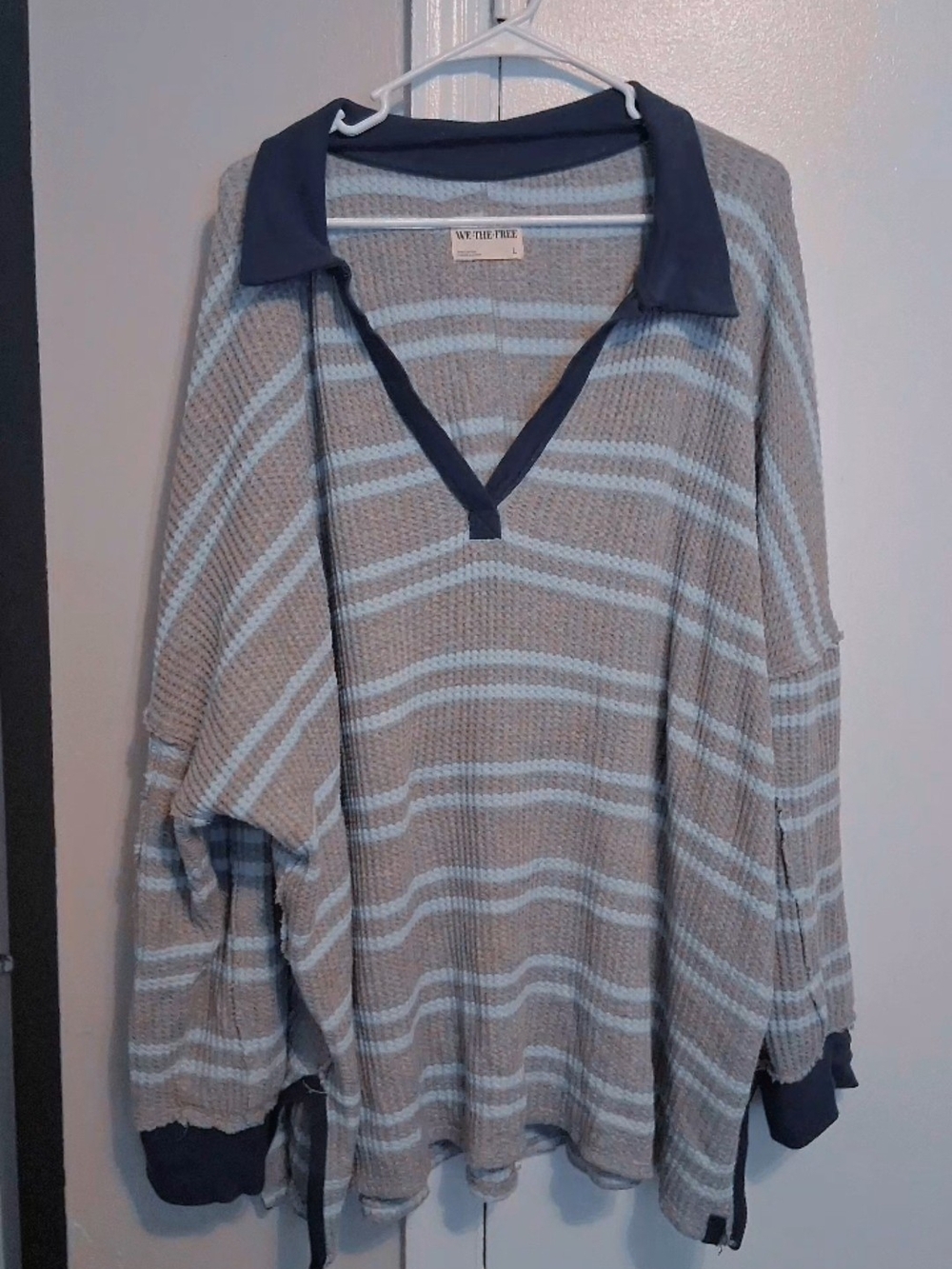 We the Free Women's Tan & Light Blue Striped Polo Sweater